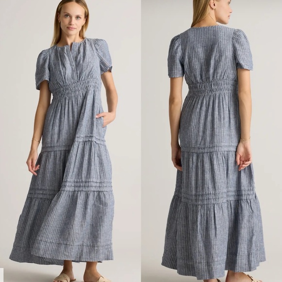 Quince Dresses & Skirts - Quince European Linen Tiered Maxi Dress Chambray Stripe Size XL